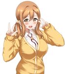  :d bangs blush breasts brown_eyes brown_hair cardigan commentary_request double_w eyebrows_visible_through_hair gorua_(youce01) hair_between_eyes kunikida_hanamaru large_breasts long_hair looking_at_viewer love_live! love_live!_sunshine!! low_twintails open_mouth sidelocks simple_background smile solo teeth twintails upper_body w white_background 