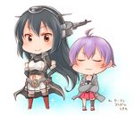  :3 ahoge black_gloves black_hair black_neckwear brown_eyes chibi closed_eyes coat commentary_request crossed_arms elbow_gloves full_body gloves hands_on_hips headgear height_difference kantai_collection long_hair miniskirt multiple_girls nagato_(kantai_collection) necktie pleated_skirt purple_hair red_eyes red_legwear red_skirt remodel_(kantai_collection) sakawa_(kantai_collection) school_uniform serafuku short_hair single_thighhigh skirt smile sparkle standing suna_kiririto thighhighs translation_request trench_coat v-shaped_eyebrows white_background white_skirt 