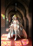  absurdres bare_shoulders blonde_hair breasts bridal_veil cleavage column crossed_legs fate/extra fate_(series) green_eyes highres kuraka large_breasts lock nero_claudius_(bride)_(fate) nero_claudius_(fate)_(all) outstretched_arms padlock pillar solo stained_glass thighhighs thighs translated type-moon veil watson_cross white_sleeves wide_sleeves 