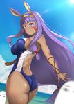  alternate_costume arms_at_sides ass bare_arms bare_shoulders breasts butt_crack colored_eyelashes competition_swimsuit cowboy_shot dark_skin earrings facial_mark fate/grand_order fate_(series) from_behind hairband hoop_earrings jewelry light_smile long_hair looking_at_viewer medium_breasts medjed nitocris_(fate/grand_order) one-piece_swimsuit outstretched_hand purple_eyes purple_hair sideboob sidelocks solo swimsuit thighs untsue very_long_hair 