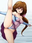  :d ass bare_shoulders blue_leotard breasts bridal_gauntlets brown_eyes brown_hair covered_nipples gymnast_leotard gymnastics highleg highleg_leotard kawai_iyona kneepits leg_up leotard long_hair low_ponytail magical_taruruuto-kun medium_breasts nipples open_mouth pink_leotard see-through smile solo split spread_legs standing standing_on_one_leg standing_split sweat tsumitani_daisuke 