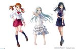  :d anjou_naruko ano_hi_mita_hana_no_namae_wo_bokutachi_wa_mada_shiranai. armpits barefoot belt black_hair black_legwear blue_eyes blue_skirt blue_sweater bow bowtie brown_eyes brown_hair copyright_name dress dress_shirt floating_hair full_body glasses hair_ornament hand_on_hip highres honma_meiko kneehighs leg_up long_hair miniskirt multiple_girls necktie open_mouth outstretched_arms parted_lips pleated_skirt red_bow red_neckwear red_skirt school_uniform shirt short_sleeves silver_hair simple_background skirt sleeveless sleeveless_dress smile socks standing sundress sweater tsurumi_chiriko twintails v very_long_hair watch white_background white_dress white_shirt wrist_cuffs wristwatch 