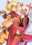  2girls blonde_hair blue_eyes borrowed_character chinese_clothes dragon fu-chan furry menmaomao multiple_girls open_mouth ponytail short_hair tiger white_hair 