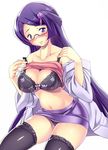  asa_(xametaler) blush bra breasts cleavage endou_masatoshi glasses hair_ornament hairclip labcoat large_breasts lingerie long_hair makomo_(pokemon) miniskirt off_shoulder panties pokemon pokemon_(game) pokemon_bw purple_eyes purple_hair skirt skirt_lift solo strap_slip thighhighs underwear very_long_hair 