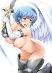  armor asymmetrical_wings blue_hair blush breasts elbow_gloves gloves hair_ornament large_breasts nanael navel nipples nude puffy_nipples queen's_blade shinozuka_jouji short_hair solo sword weapon wings 