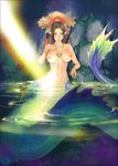  breast breasts brown_hair fins jewelry lots_of_jewelry mermaid monster_girl nipples topless water 