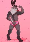  &lt;3 2017 anthro antlers back_muscles biceps biped black_hooves black_horn butt cervine clothed clothing digital_media_(artwork) flexing flower flower_in_mouth flower_petals full-length_portrait fur green_eyes grey_fur grey_tail hi_res hooves horn ill_dingo jack_(thundergrey) looking_at_viewer looking_back male mammal mouth_hold muscular muscular_male petals pink_background pink_bottomwear pink_clothing pink_underwear plant portrait rear_view reindeer rose rose_in_mouth short_tail signature simple_background small_tail solo standing topless underwear 