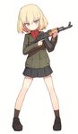  ak-47 akms assault_rifle bangs black_footwear black_legwear black_skirt blonde_hair blue_eyes closed_mouth coupon_(skyth) full_body girls_und_panzer green_jacket gun highres holding holding_weapon jacket katyusha loafers long_sleeves looking_at_viewer machine_gun miniskirt pleated_skirt pravda_school_uniform red_shirt rifle school_uniform shirt shoes short_hair simple_background skirt socks solo standing turtleneck weapon white_background 