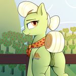  2017 amber_eyes anus apple bedroom_eyes butt cutie_mark earth_pony equine female feral food friendship_is_magic fruit granny_smith_(mlp) hair half-closed_eyes horse landscape looking_at_viewer looking_back mammal my_little_pony neighday outside pony presenting pussy scarf seductive sky smile solo tree white_hair 