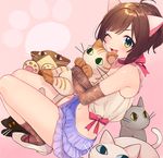  animal_ears bare_shoulders bbbannooo blue_skirt blush bow brown_hair cat_ears eyebrows_visible_through_hair fake_animal_ears fang green_eyes holding holding_stuffed_animal idolmaster idolmaster_cinderella_girls looking_at_viewer maekawa_miku navel one_eye_closed open_mouth red_bow red_ribbon ribbon skirt smile solo stuffed_animal stuffed_cat stuffed_toy 