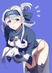  ainu ainu_clothes bad_id bad_twitter_id bandana banned_artist black_legwear blue_eyes breasts commentary_request cropped_jacket dress eyebrows_visible_through_hair folded_ponytail hair_between_eyes headband kamoi_(kantai_collection) kantai_collection large_breasts long_hair long_sleeves looking_at_viewer open_mouth panties sidelocks simple_background skirt skirt_lift sleeveless sleeveless_dress solo tachikoma_(mousou_teikoku) thick_eyebrows thighhighs underwear white_dress white_hair 