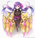 bare_shoulders black_legwear boots breasts claws closed_mouth commentary_request eyebrows_visible_through_hair fate/extra fate/extra_ccc fate/grand_order fate_(series) floating_hair full_body gauntlets hair_ribbon huge_breasts long_hair o-ring o-ring_top pantyhose passion_lip pink_ribbon purple_eyes purple_hair ribbon shadow skirt solo trianon twitter_username very_long_hair watermark web_address 