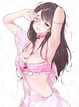  armpits blush bra breasts brown_eyes brown_hair buttons cherry choker cleavage food fruit hair_ornament hairclip highres long_hair looking_at_viewer medium_breasts one_eye_closed original parted_lips pink_bra pink_shirt shirt simple_background smile solo tonito underwear white_background 