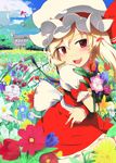  bangs blonde_hair blue_sky blush bow cloud day field flandre_scarlet flower flower_field from_side hair_between_eyes happy hat hat_ribbon heart heart-shaped_pupils holding holding_flower light looking_at_viewer looking_to_the_side mob_cap nature open_mouth petals red_eyes red_skirt red_vest ribbon scarlet_devil_mansion shiny shiny_hair shiny_skin shirt short_sleeves sinzan sitting skirt skirt_set sky smile solo symbol-shaped_pupils teeth touhou tree vanishing_point vest white_shirt wind wings wrist_cuffs 