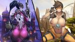  2girls areolae ass black_hair breasts brown_eyes brown_hair cameltoe erect_nipples huge_ass huge_breasts large_breasts long_hair looking_at_viewer looking_back metal_owl_(aden12) multiple_girls navel overwatch parted_lips ponytail short_hair smile tracer_(overwatch) widowmaker_(overwatch) 