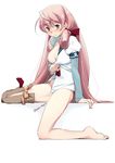  after_sex akashi_(kantai_collection) arm_support barefoot blush bolze bottomless breasts cleavage commentary cum cumdrip green_eyes hair_ribbon highres kantai_collection large_breasts long_hair long_sleeves looking_at_viewer no_bra parted_lips pink_hair puffy_short_sleeves puffy_sleeves ribbon short_over_long_sleeves short_sleeves single_thighhigh solo sweat thighhighs tress_ribbon twitter_username white_background 