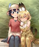 :&gt; animal_ears black_eyes black_hair blush blush_stickers closed_eyes commentary_request feathers happy hat helmet highres initsukkii kaban_(kemono_friends) kemono_friends multiple_girls pantyhose pith_helmet serval_(kemono_friends) serval_ears serval_print serval_tail smile tail tail_wagging thighhighs 