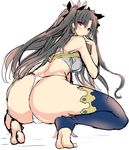  ass black_hair black_ribbon blush closed_mouth crown earrings fate/grand_order fate_(series) hoop_earrings ishtar_(fate/grand_order) jewelry legs long_hair long_legs looking_at_viewer looking_back red_eyes ribbon rihito_akane simple_background single_thighhigh solo squatting sweat thighhighs thighs thong two_side_up white_background 