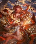 :d anklet armlet barefoot bird bracelet brown_hair cloud cloudy_sky cygames dancer eyebrows_visible_through_hair feet jewelry lm7_(op-center) long_hair looking_at_viewer navel official_art open_mouth plantar_flexion red_eyes revealing_clothes shadowverse shingeki_no_bahamut sky smile soles sun_oracle_pascale sunset 