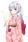  :t alternate_hairstyle bangs blue_eyes blush bow closed_mouth cotton_candy eating eromanga_sensei eyebrows_visible_through_hair floral_background floral_print food hair_bow holding holding_food izumi_sagiri japanese_clothes kimono long_hair looking_at_viewer mamemena pink_bow pink_kimono silver_hair solo twintails upper_body white_background wide_sleeves 