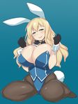  animal_ears atago_(kantai_collection) blonde_hair blue_background breasts bunny_ears bunny_girl bunnysuit cleavage gloves green_eyes highres huge_breasts kantai_collection long_hair looking_at_viewer pantyhose sitting smile solo sumemako wariza 