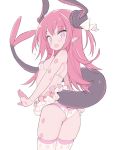  1girl :d ass bangs bare_arms bare_shoulders bikini blade_(galaxist) blush breasts cowboy_shot curled_horns dragon_girl dragon_horns dragon_tail elizabeth_bathory_(fate) elizabeth_bathory_(fate)_(all) eyebrows_visible_through_hair fate/extra fate/extra_ccc fate_(series) hair_between_eyes hair_ribbon horns long_hair looking_at_viewer looking_back open_mouth pink_hair purple_eyes ribbon small_breasts smile solo standing swimsuit tail tail_raised thighhighs two_side_up very_long_hair white_bikini white_legwear white_ribbon 