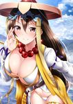  beads bikini bikini_under_clothes blue_sky blush breasts brown_eyes brown_hair cleavage cloud cloudy_sky day earrings fate/grand_order fate_(series) garana hair_between_eyes hand_up hat headgear hips hoop_earrings jewelry large_breasts leaning_forward lens_flare long_hair long_sleeves looking_at_viewer mountain navel necklace outdoors prayer_beads sky smile solo sunlight swimsuit white_bikini xuanzang_(fate/grand_order) 