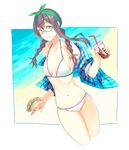  alternate_costume alternate_hairstyle aqua_hairband asymmetrical_hair bare_shoulders beach bikini black_hair blush braid breasts brown-framed_eyewear closed_mouth cola collarbone commentary cowboy_shot cropped_legs cup disposable_cup food glasses green_eyes hairband halter_top halterneck hamburger highres kantai_collection long_hair looking_at_viewer navel ooyodo_(kantai_collection) open_clothes open_shirt plaid plaid_shirt semi-rimless_eyewear shirt short_sleeves small_breasts smile solo stomach swimsuit twin_braids under-rim_eyewear white_bikini yuuji_(and) 