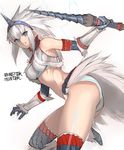  ass blue_eyes breasts copyright_name electricity eyeliner fur_trim gloves hairband highres holding holding_weapon horn kirin_(armor) left-handed long_hair makeup medium_breasts midriff monster_hunter short_shorts shorts silver_hair solo tetsu_(kimuchi) thighhighs thighs vambraces weapon 