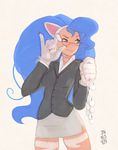  1girl 34no404 adjusting_glasses animal_ears bespectacled big_hair blazer blue_hair cat_ears computer_mouse cowboy_shot felicia fur glasses green_eyes highres jacket office_lady paws pencil_skirt pinky_out raised_eyebrow skirt solo vampire_(game) 