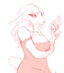  anthro big_breasts blush boss_lamb_(hladilnik) breasts caprine cleavage clothed clothing eyelashes female gun hair handgun mammal monochrome nightgown nobby nobby_(artist) nobbydraws off_shoulder ranged_weapon red_and_white revolver sheep smile weapon 