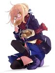  artoria_pendragon_(all) black_legwear blonde_hair blue_jacket blue_ribbon blue_skirt fate/grand_order fate_(series) food full_body glasses hair_between_eyes hair_ribbon highres hood hooded_jacket jacket kyokutsuki looking_at_viewer mysterious_heroine_x_(alter) one_knee pleated_skirt red_scarf ribbon scarf sidelocks simple_background skirt solo thighhighs white_background yellow_eyes zettai_ryouiki 