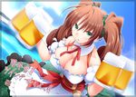  absurdres alcohol alternate_costume beer beer_mug breasts brown_hair cleavage commentary cup dress drinking_glass formation_girls german_clothes green_eyes highres holding holding_cup josephine_priller kaneda_mitsuko large_breasts maid sleeveless sleeveless_dress solo translated twintails 
