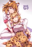  ;o animal_ears blonde_hair bow bowtie breasts brown_hair closed_mouth elbow_gloves gloves highres japari_symbol kemono_friends lion_(kemono_friends) looking_at_viewer medium_breasts multiple_girls one_eye_closed open_mouth paw_pose serval_(kemono_friends) serval_ears serval_print serval_tail short_hair skirt smile tail thighhighs white_gloves white_legwear yamaori_(yamaorimon) yellow_eyes yellow_legwear yellow_skirt 