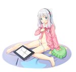  bad_id bad_pixiv_id barefoot blue_eyes blush eromanga_sensei gradient_hair headset highres ifnil izumi_sagiri lavender_hair lifted_by_self looking_at_viewer multicolored_hair navel open_mouth pajamas panties panty_pull silver_hair simple_background solo stuffed_animal stuffed_octopus stuffed_toy tablet_pc underwear white_background white_panties 