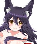  ahri animal_ears bare_shoulders black_hair blush breasts cleavage detached_sleeves facial_mark fox_ears korean_clothes large_breasts league_of_legends light_smile lips long_hair looking_at_viewer mintmia11 simple_background slit_pupils solo whisker_markings white_background yellow_eyes 