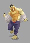  anthro bear body_hair chest_hair claws clothed clothing digital_media_(artwork) facial_hair fur furrybob hat male mammal muscular nipples open_shirt pants pecs simple_background solo toe_claws undressing 