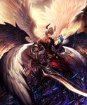  angel_wings artist_request asymmetrical_clothes cygames dark_persona demon_boy demon_horns demon_wings fallen_angel feathers holding holding_sword holding_weapon horns lucifer_(shingeki_no_bahamut) multiple_wings official_art seraph shadowverse shingeki_no_bahamut sword weapon white_hair wings 