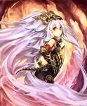  angry armor bare_shoulders cygames elbow_gloves gloves gold_trim hair_ornament headpiece hisakata_souji lavender_hair long_hair looking_at_viewer medusa_(shingeki_no_bahamut) official_art pointy_ears red_eyes shadowverse shingeki_no_bahamut solo tail very_long_hair 