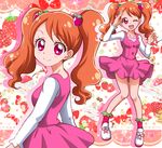  ;d food_themed_hair_ornament full_body hair_ornament hanzou kirakira_precure_a_la_mode looking_at_viewer one_eye_closed open_mouth orange_hair pink_eyes pink_skirt precure short_hair skirt smile solo strawberry_hair_ornament twintails usami_ichika 