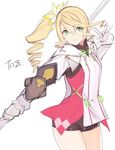  alisha_diphda blonde_hair breasts drill_hair eyebrows_visible_through_hair gauntlets gloves green_eyes highres holding holding_weapon long_hair short_shorts shorts side_ponytail single_gauntlet sketch small_breasts smile solo tales_of_(series) tales_of_zestiria tetsu_(kimuchi) weapon 