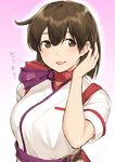  :d alternate_costume breasts brown_eyes brown_hair hair_between_eyes hiryuu_(kantai_collection) japanese_clothes jewelry kantai_collection large_breasts open_mouth peach_(airline) poco_(backboa) ring short_hair short_sleeves signature smile solo translated wedding_band 