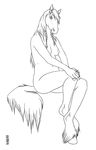  anthro braided_hair breasts equine female fetlocks hair hooved_fingers horse kannos mammal monochrome nude sitting solo 