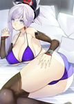  ass asymmetrical_hair bed_sheet bikini black_legwear blue_bikini blue_eyes blush breasts brown_legwear cleavage closed_mouth collarbone commentary_request detached_sleeves earrings eyebrows_visible_through_hair fate/grand_order fate_(series) feet_out_of_frame hair_ornament hand_on_own_ass indoors jewelry large_breasts long_hair looking_at_viewer lying miyamoto_musashi_(fate/grand_order) ponytail silver_hair solo swimsuit takatou_suzunosuke thighhighs 