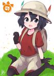  arm_support backpack bag black_eyes black_gloves black_hair black_legwear blush clenched_hand collarbone doorknoble eyebrows_visible_through_hair eyelashes gloves grass hair_between_eyes hand_up hat hat_feather helmet highres japari_symbol kaban_(kemono_friends) kemono_friends looking_at_viewer no_shoes open_mouth outdoors pantyhose paw_pose pith_helmet red_shirt sandstar shirt short_hair short_sleeves shorts signature sitting smile solo tareme wariza wavy_hair white_background 