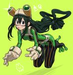  :&gt; :p artist_name asui_tsuyu beige_gloves belt black_eyes black_hair bodysuit boku_no_hero_academia buttons closed_mouth eyelashes floating floating_hair full_body gloves goggles goggles_on_head green_background green_bodysuit hair_between_eyes hair_rings long_hair looking_at_viewer low-tied_long_hair rod_(rod4817) sanpaku shadow shiny shiny_hair signature smile solo star tongue tongue_out uniform very_long_hair 