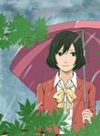  commentary_request green_eyes green_hair holding holding_umbrella kadochan kimi_no_na_wa kotonoha_no_niwa leaf rain umbrella yukino_yukari 