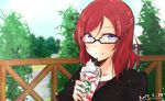  bespectacled black-framed_eyewear closed_mouth cup dated drinking_straw fence glasses half_updo highres holding holding_cup looking_at_viewer love_live! love_live!_school_idol_project nishikino_maki portrait purple_eyes red_hair rurika_seijin semi-rimless_eyewear smile solo starbucks tree under-rim_eyewear whipped_cream 