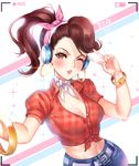  ;o absurdres alternate_costume bad_id bad_pixiv_id bangle belt belt_buckle blue_pants blush bracelet breasts brown_eyes brown_hair buckle buttons checkered checkered_shirt cleavage commentary cruiser_d.va d.va_(overwatch) denim earrings foreshortening front-tie_top glint head_scarf headphones highres hoop_earrings jeans jewelry long_hair medium_breasts midriff nail_polish navel one_eye_closed open_mouth outstretched_arm overwatch pants pink_ribbon ponytail red_nails red_shirt ribbon self_shot shirt short_sleeves solo sparkle stomach tight tight_pants ttaji_(pass35) unbuttoned upper_body viewfinder white_ribbon 