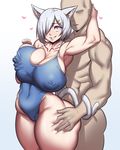  1boy 1girl animal_ears big_ass blue_eyes breast_grab breasts cat_ears cat_tail curvy from_behind gray_hair hamakaze hand_on_ass heart-shaped_pupils huge_breasts muscle natedecock one_piece_swimsuit parted_lips short_hair silver_hair smile swimsuit symbol-shaped_pupils tail thick_thighs wide_hips 